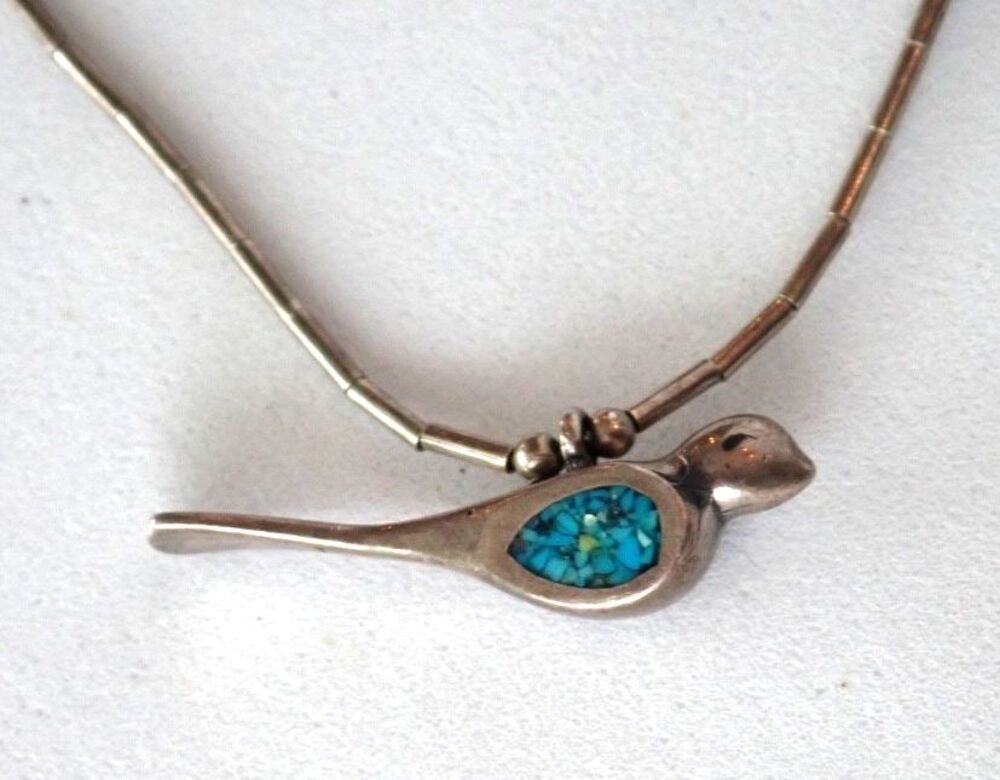 Zuni Native American Sterling Silver Turquoise Chip Bird Pendant Necklace 15" - Picture 6 of 16